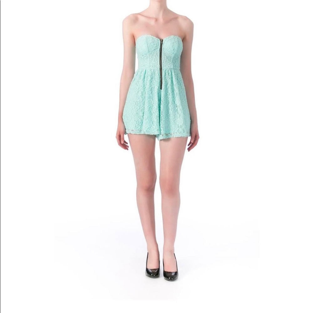 NWT Turquoise Lace Strapless Zip Up Romper XS
